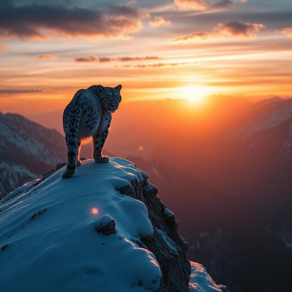 Snow leopard at sunrise